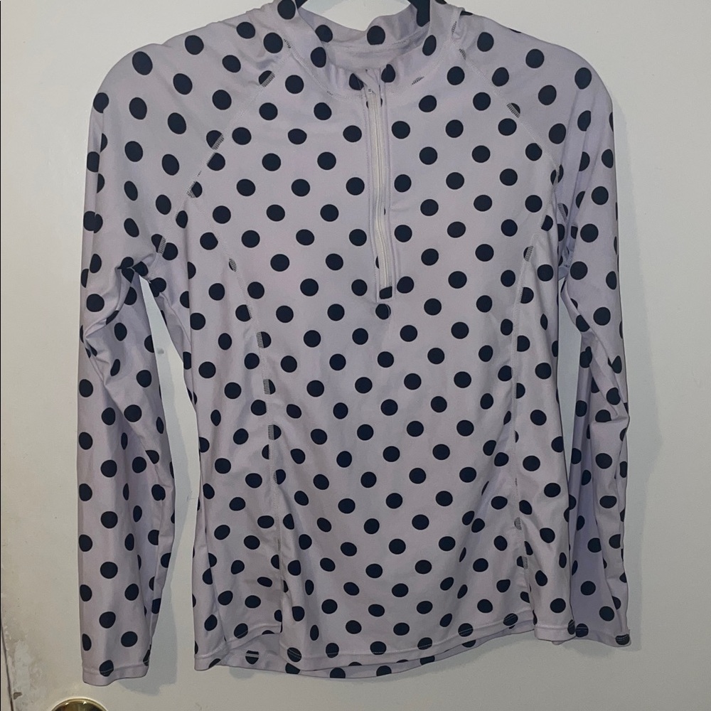 Light white Polka Dot Long Sleeve half Zip up swim rash guard top